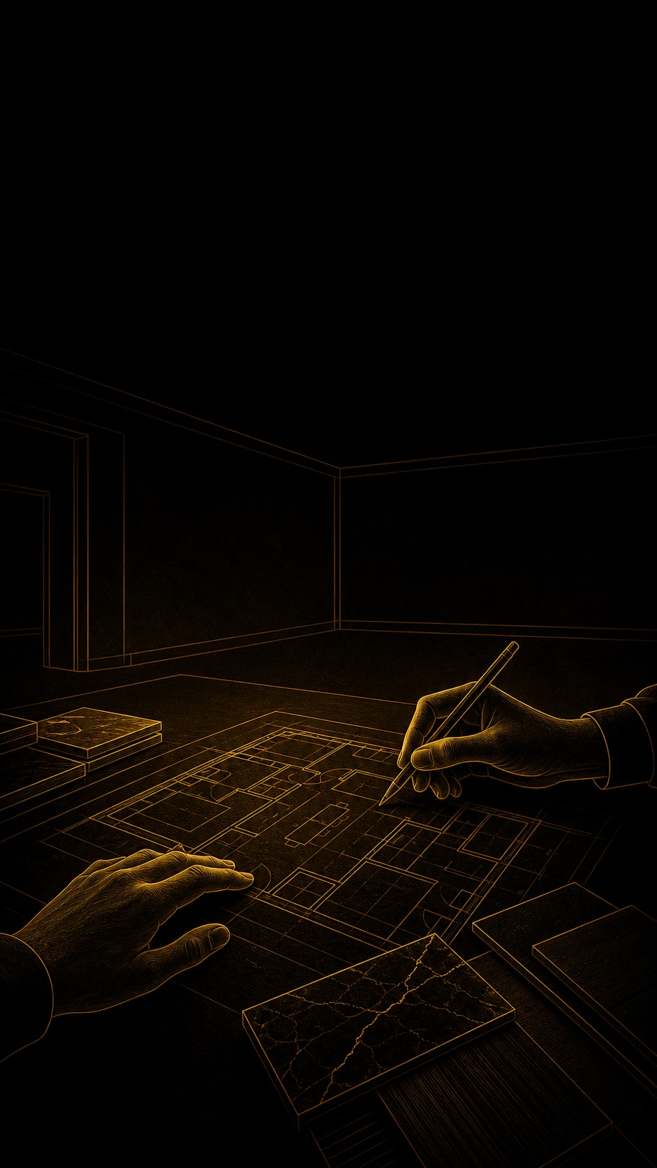 05_empty_apartment_vision: Крупный план плана квартиры и руки с карандашом, на фоне пустая стена.