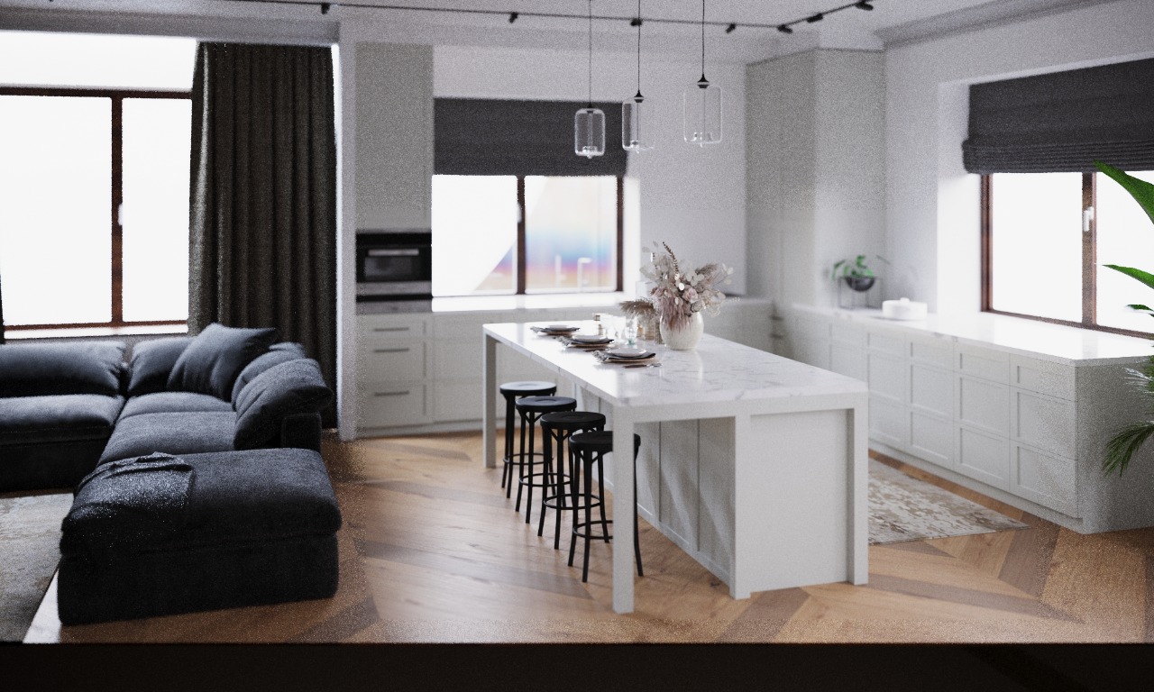 3D-визуализация белой кухни-гостиной с островом, барными стульями и диваном, паркет ёлочкой, панорамные окна