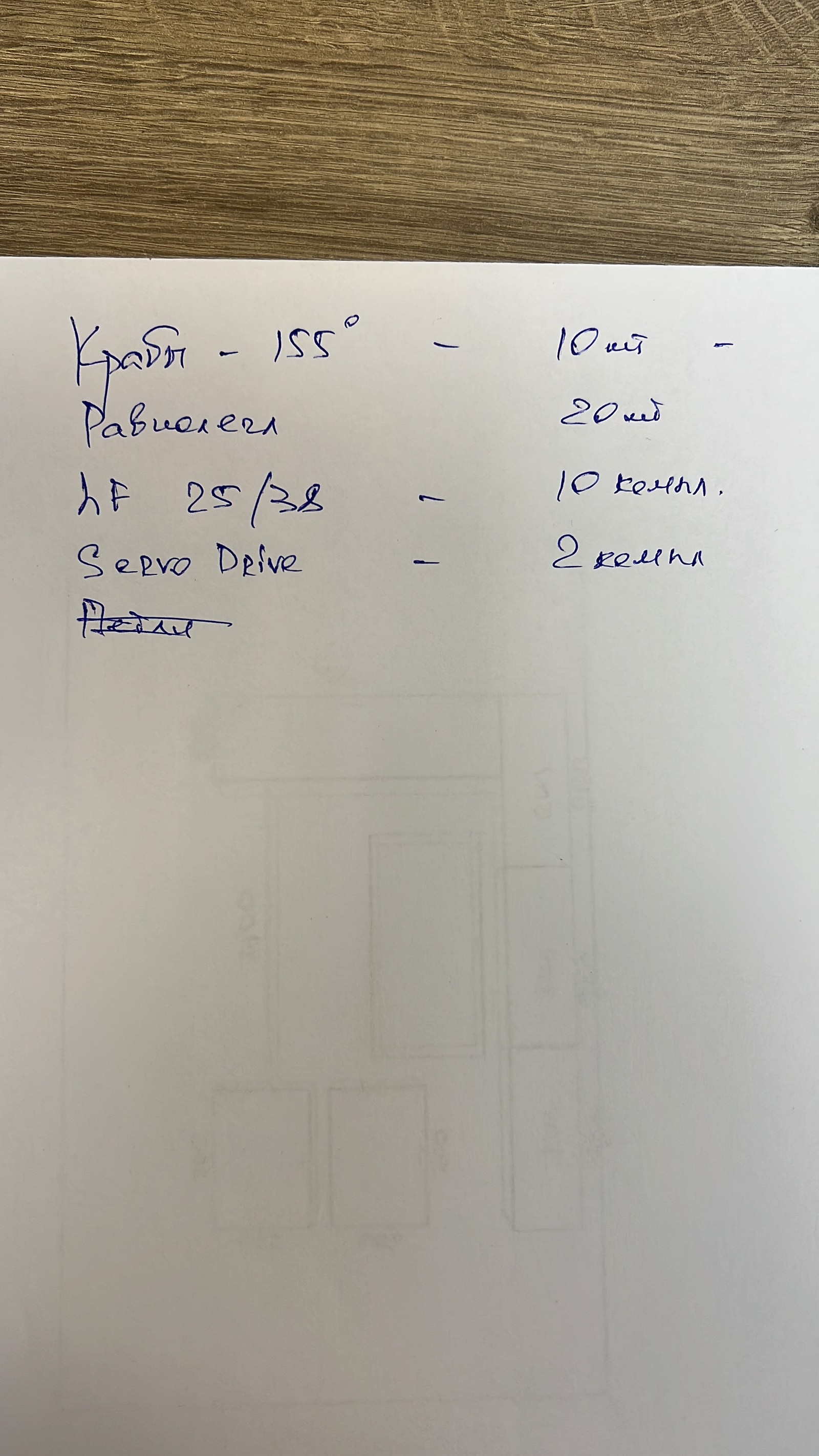 Рукописный список фурнитуры на белом листе: крейт 155°, равноплечи, лифт 25/32, Servo Drive — с количеством